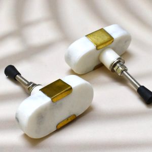 Oval Stone Brass Knob | Pull Handle | Drawer Knob | Furniture Knob | Cabinet Knob | Gold | Natural Stone | Brass Handle (White)- Set of 6