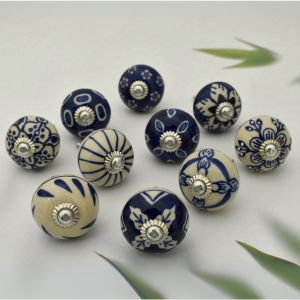 Ceramic Knobs for Cabinets - Set of 10 Decorative Blue and White Round Ceramic Knobs for Home Kitchen Cabinet Drawer | Elegant Handmade Wardrobe and Dresser Pulls