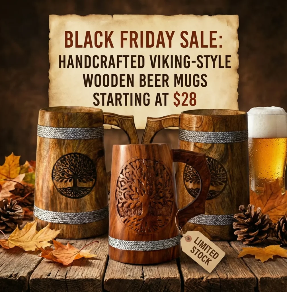 Black Friday Sale Handcrafted Viking-Style Wooden Beer Mugs India House