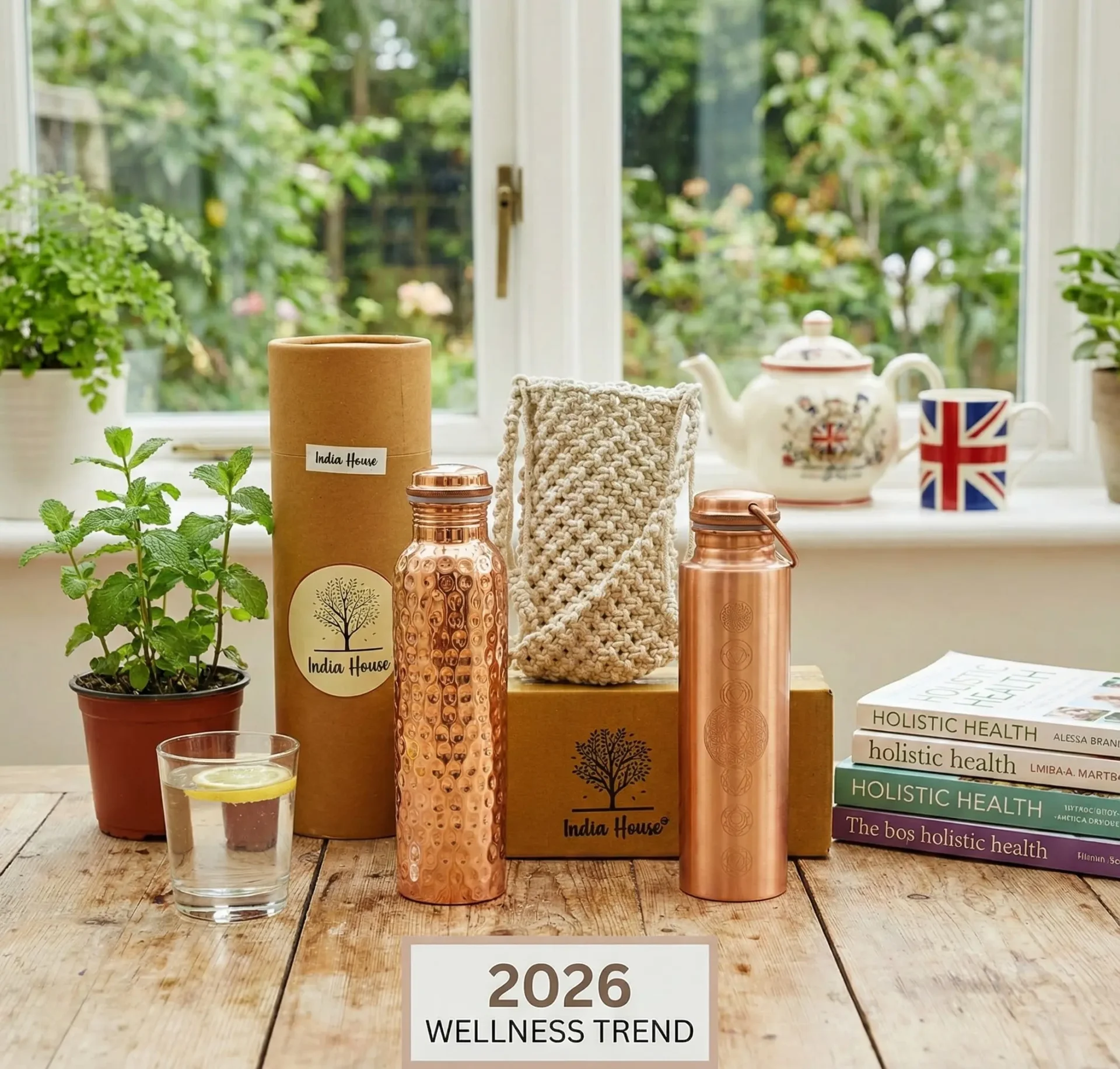 Two India House copper water bottles, hammered and chakra-etched, on a table with holistic books and a macramé carrier. A Union Jack mug and teapot sit on the windowsill in the background.