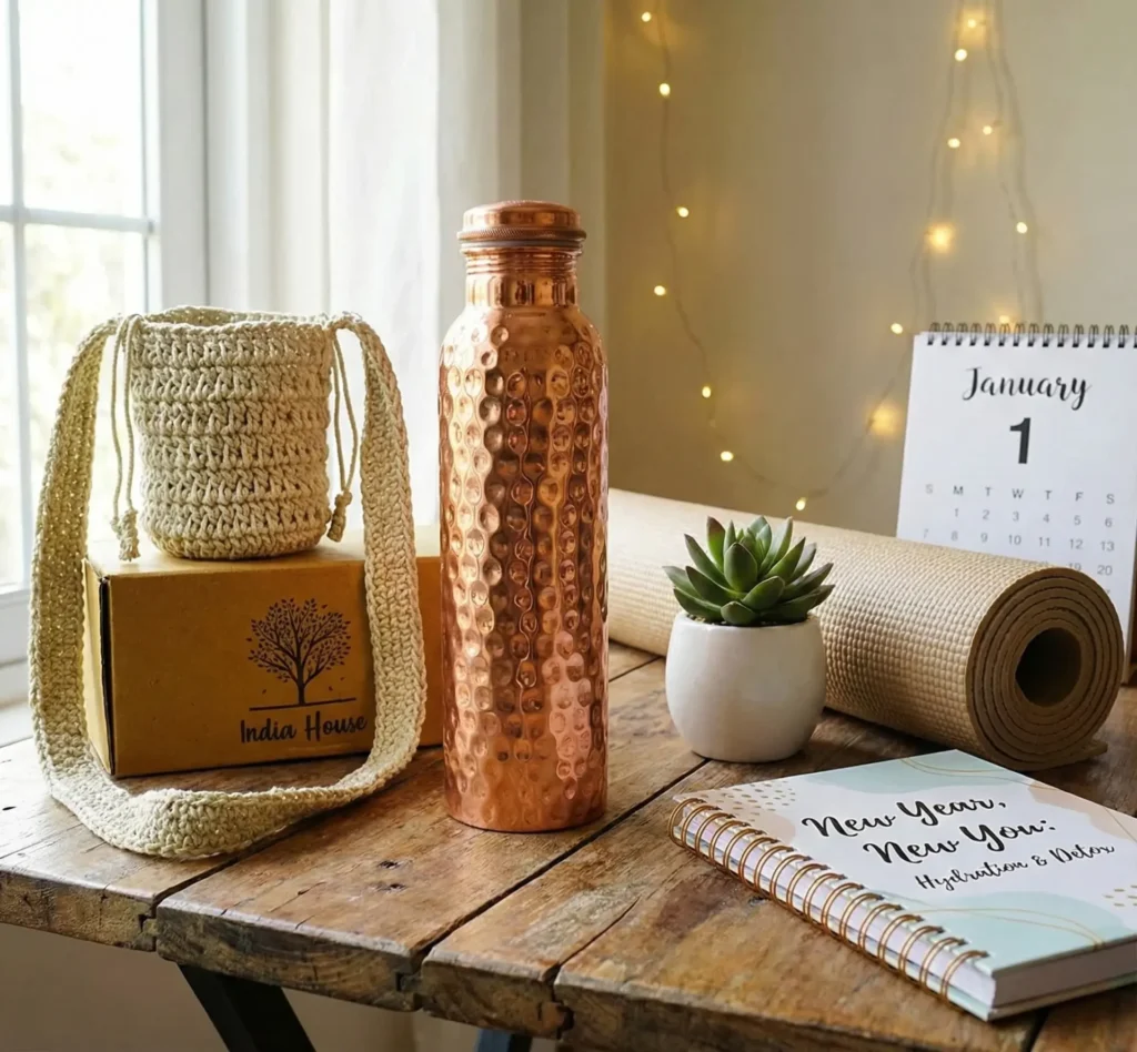 A hammered copper bottle on a wooden table with a yoga mat and New Year journal. Shows how copper bottles help improve hydration and detox as you begin the New Year with India House wellness gear.