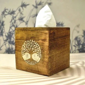 Tissue Holders Acacia Wood Tissue Box With White Tree of Life Design Slide-Out Bottom for Bathroom, Bedroom, Dining Table