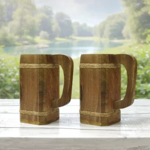 Indian Beer Wooden Mug for him-Rope Antique Style 20 OZ Square Wooden Mug- Drinking Beer Mug Natural Hardwood – Wedding & Birthday Gifts for Him