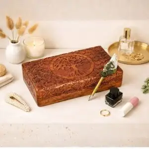 Hand Carved Tree of Life  Wooden Box – Decorative Wooden Keepsake Storage Box for Jewelry, Watches, Coins & Trinkets, Multipurpose Treasure Chest Organizer, Gift Box, 8 x 5 Inch
