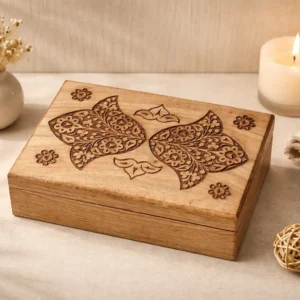 Hand Carved Floral Wooden Box – Decorative Wooden Keepsake Storage Box for Jewelry, Watches, Coins & Trinkets, Multipurpose Treasure Chest Organizer, Gift Box, 10 x 6 Inch