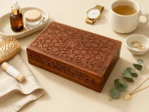 Hand Carved Floral Wooden Box – Decorative Wooden Keepsake Storage Box for Jewelry, Watches, Coins & Trinkets, Multipurpose Treasure Chest Organizer, Gift Box, 10 x 6 Inch