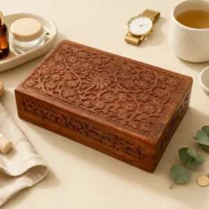 Hand Carved Floral Wooden Box – Decorative Wooden Keepsake Storage Box for Jewelry, Watches, Coins & Trinkets, Multipurpose Treasure Chest Organizer, Gift Box, 10 x 6 Inch