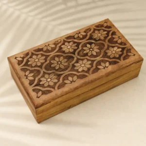 Hand Carved Floral Wooden Box – Decorative Wooden Keepsake Storage Box for Jewelry, Watches, Coins & Trinkets, Multipurpose Treasure Chest Organizer, Gift Box, 10 x 6 Inch