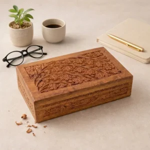 Hand Carved Floral Wooden Box – Decorative Wooden Keepsake Storage Box for Jewelry, Watches, Coins & Trinkets, Multipurpose Treasure Chest Organizer, Gift Box, 10 x 6 Inch