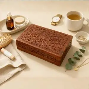 Hand Carved Floral Wooden Box – Decorative Wooden Keepsake Storage Box for Jewelry, Watches, Coins & Trinkets, Multipurpose Treasure Chest Organizer, Gift Box, 10 x 6 Inch