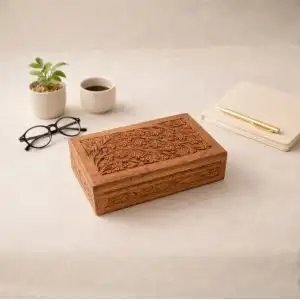 Hand Carved Floral Wooden Box – Decorative Wooden Keepsake Storage Box for Jewelry, Watches, Coins & Trinkets, Multipurpose Treasure Chest Organizer, Gift Box, 10 x 6 Inch