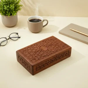 Hand Carved Floral Wooden Box – Decorative Wooden Keepsake Storage Box for Jewelry, Watches, Coins & Trinkets, Multipurpose Treasure Chest Organizer, Gift Box, 10 x 6 Inch