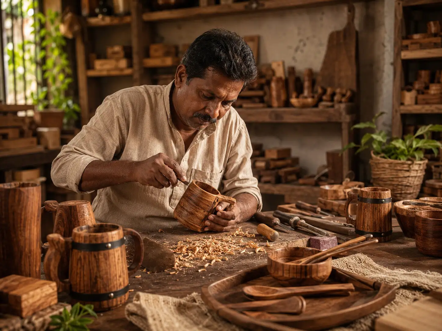 Skilled Indian wood artisan at work