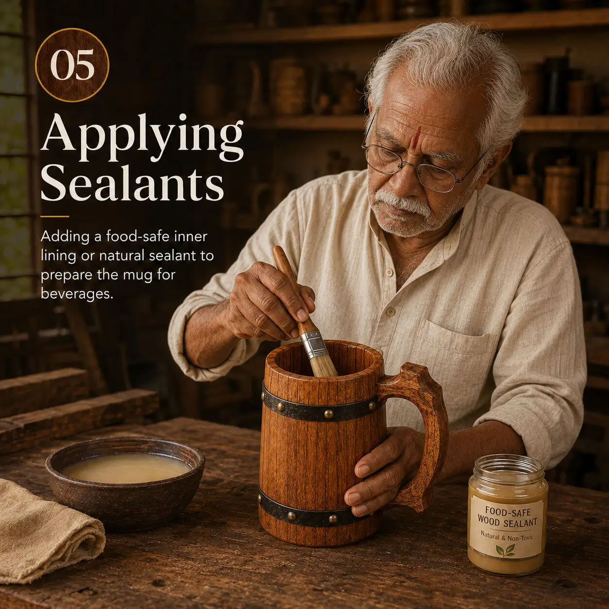 Applying food-safe sealant to complete the handcrafted mug
