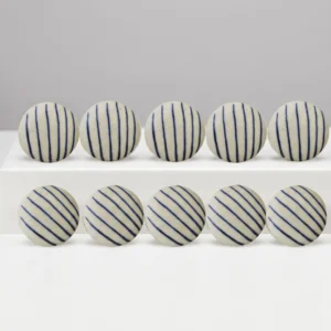 Ceramic Knobs for Cabinets - Set of 10 Decorative White & Blue Handprinted Linen Ceramic Knobs for Home Kitchen Cabinet Drawer | Wardrobe and Dresser Pulls (1.5-Inch Diameter)