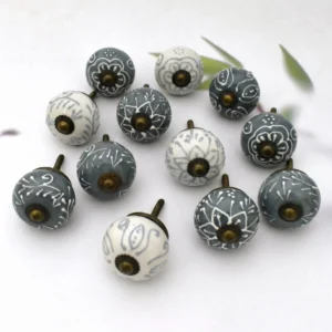 Ceramic Knobs for Cabinets - Set of 12 Decorative Grey and White Floral Hand Painted Ceramic Knobs for Home Kitchen Cabinet Drawer Wardrobe and Dresser Pulls with Glossy Finish