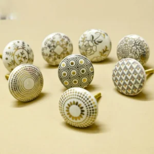 Royal Gold and Cream White Ceramic Door Knobs - 8-Pack Assorted Vintage and Shabby Chic Designs for Interior Furniture, Cabinet, Cupboard Drawers Pulls Handles Set of -8