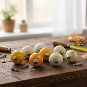 Ceramic Knobs for Cabinets - Set of 20 Decorative Yellow and White Round Ceramic Knobs for Home Kitchen Cabinet Drawer | Elegant Handmade Wardrobe and Dresser Pulls