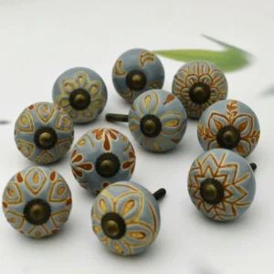 Set of 10 Ceramic Knobs Grey Color for Kitchen Cabinets Furniture Bathroom Cupboards Dresser Drawers Chest Pulls Handmade Pottery Decorative Colorful Handles Knobs