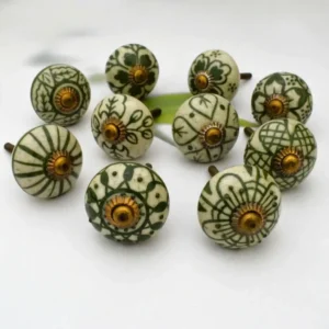 Ceramic Knobs for Cabinets - Set of 12 Decorative Green and White Round Ceramic Knobs for Home Kitchen Cabinet Drawer | Elegant Handmade Wardrobe and Dresser Pulls