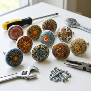Ceramic Knobs for Cabinets - Set of 10 Multicolor Mixed Design Round Ceramic Knobs Hand Painted Boho Kitchen Cabinet Drawer Knobs | Wardrobe and Dresser Pulls with Glossy Finish