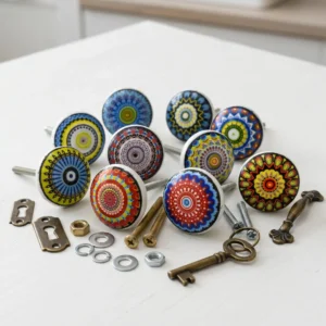 Ceramic Knobs for Cabinets - Set of 10 Multicolor Mixed Design Round Ceramic Knobs Hand Painted Boho Kitchen Cabinet Drawer Knobs | Wardrobe and Dresser Pulls with Glossy Finish