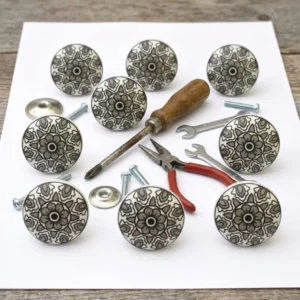 Beautiful Grey and White Ceramic Knobs - Set of 10 Decorative Round Knobs Kitchen Cabinet Drawer Knobs | Elegant Wardrobe and Dresser Pulls with Glossy Finish (1.5-Inch Diameter)