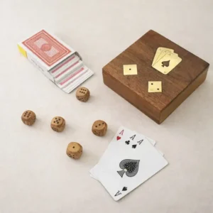 Wooden Playing Card Box 11.5 x 11.5 x 4 cm Handcrafted Brass-Inlay Single-Deck Holder with Dice Pack, Decorative Storage Organiser, Ideal Anniversary or Housewarming Gift