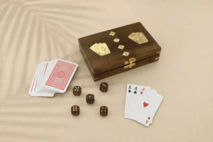 Wooden Playing Card Box 18 x 11.5 x 4.5 cm Handcrafted Brass-Inlay Double-Deck Holder with Dice Card Packs, Decorative Storage Organiser, Ideal Anniversary or Housewarming Gift
