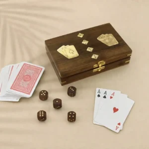 Wooden Playing Card Box 18 x 11.5 x 4.5 cm Handcrafted Brass-Inlay Double-Deck Holder with Dice Card Packs, Decorative Storage Organiser, Ideal Anniversary or Housewarming Gift