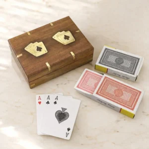 India House - Playing Cards Holder, Handmade Wooden Card Storage Box with Brass Inlay Design, Anniversary Birthday Gifts "Made in India"
