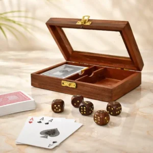 Playing Cards Set of 2 in Handmade Wooden Storage Box Case Holder with 5 Dice in Antique Design Anniversary Birthday Gifts "Made in India"