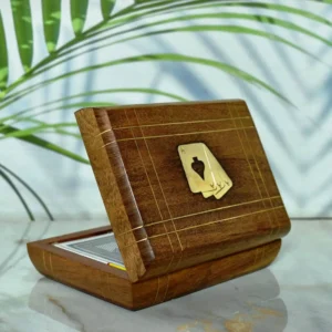 Playing Cards Holder, Handmade Wooden Card Storage Box with Brass Inlay Design, Anniversary Birthday Gifts "Made in India" 6" x 4.5" x 1.7" inches