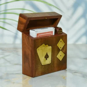Wooden Playing Card Box 11.5 x 11.5 x 4 cm Handcrafted Brass-Inlay Single-Deck Holder with Dice Pack, Decorative Storage Organiser, Ideal Anniversary or Housewarming Gift