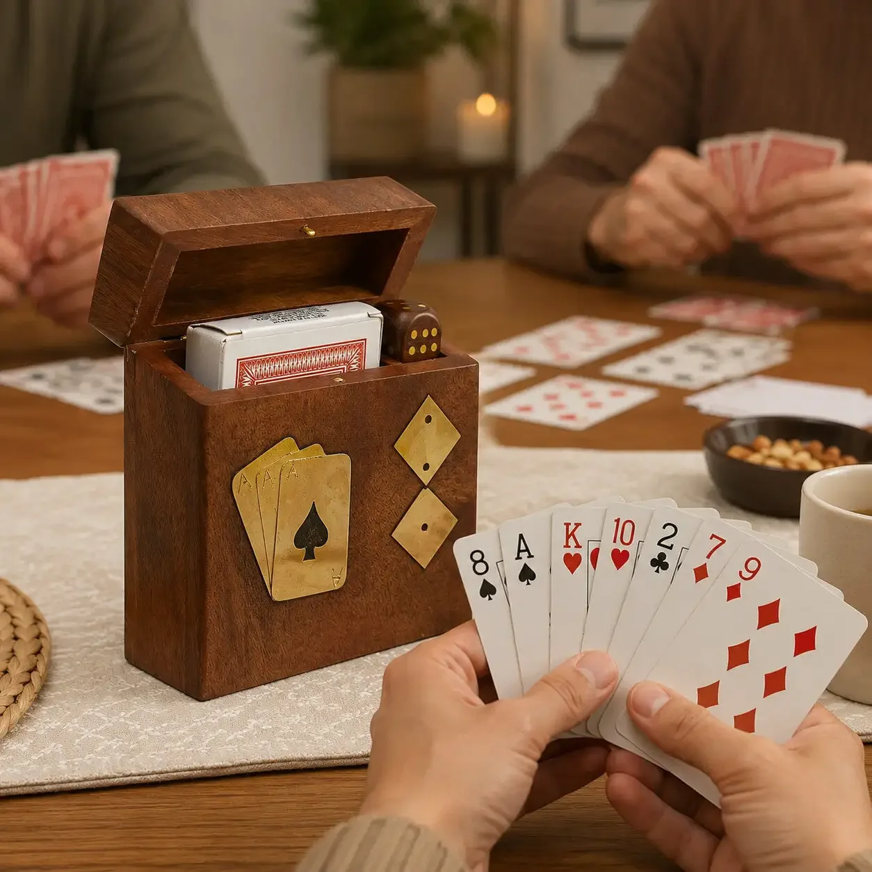 Cards securely stored in a premium wooden box