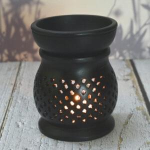 India House- Black Hand Carved Jali work Soapstone Aroma Diffuser – Oil Burner or Tea Light Holder for Relaxation and Aromatherapy